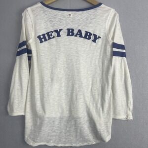 Billabong Hey Baby‎ White Blue Long Sleeve V-Neck T-Shirt Top Women's Small